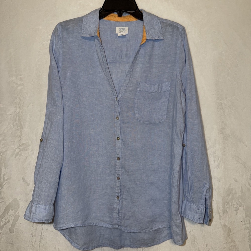 Sigrid Olsen 100%Linen Tunic Top Blouse Womens M Blue Roll Tab Button Up Blouse